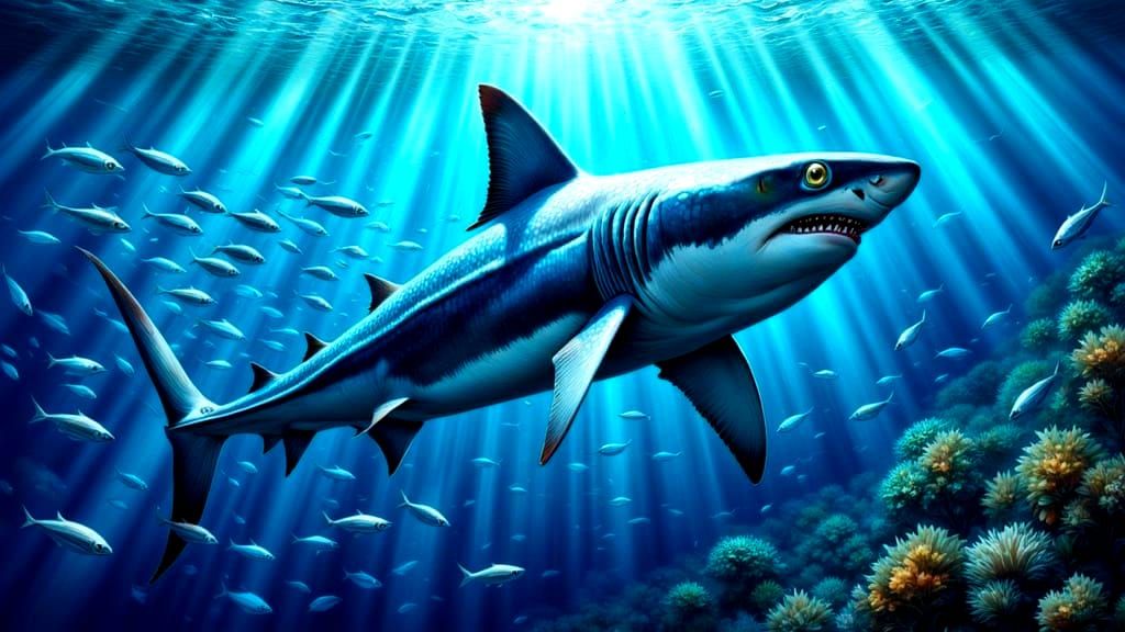 Shark Hunts Fish in Vibrant Underwater Digital Art