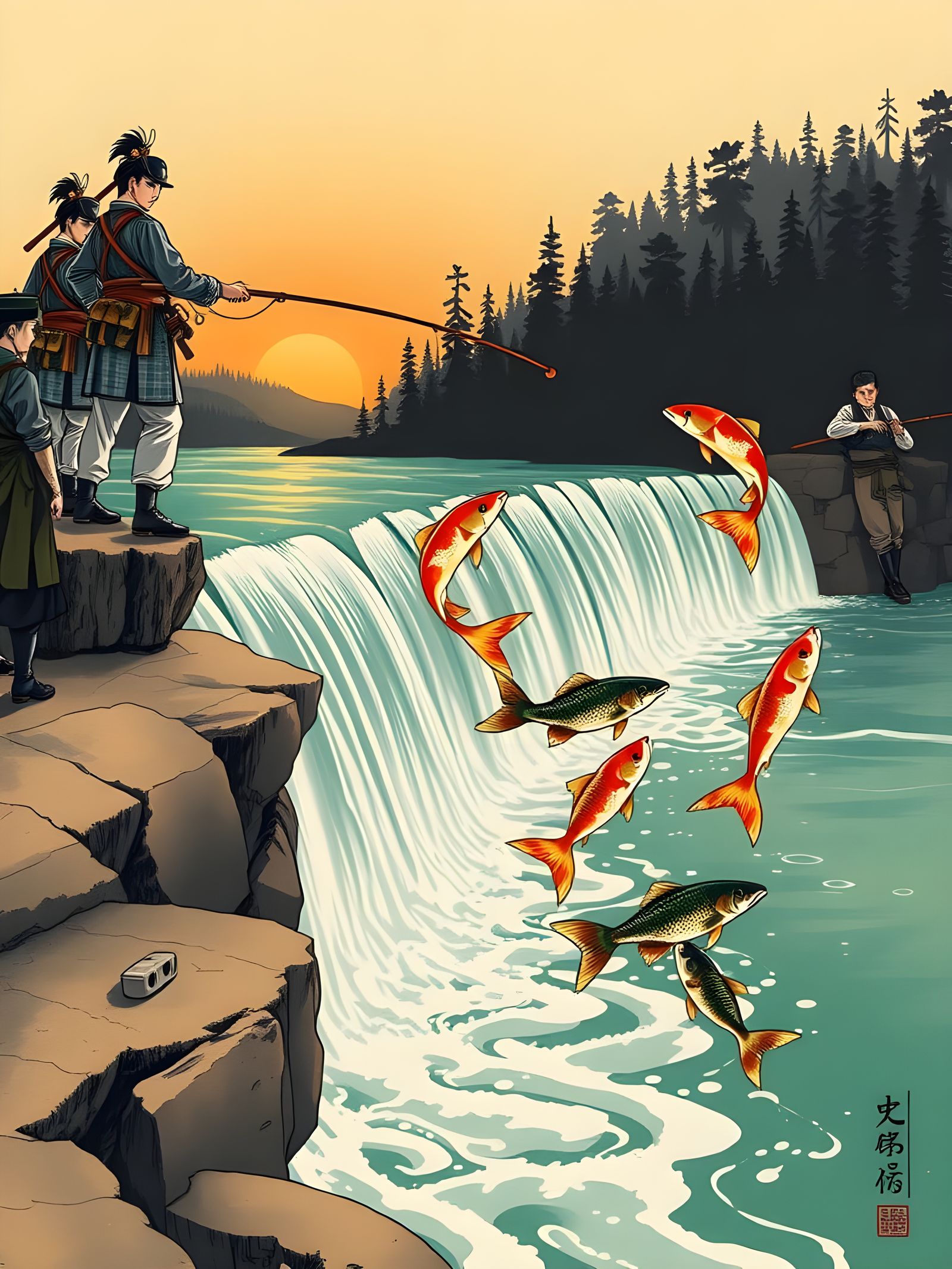 Steampunk Samurai Fish Waterfall Scroll Painting