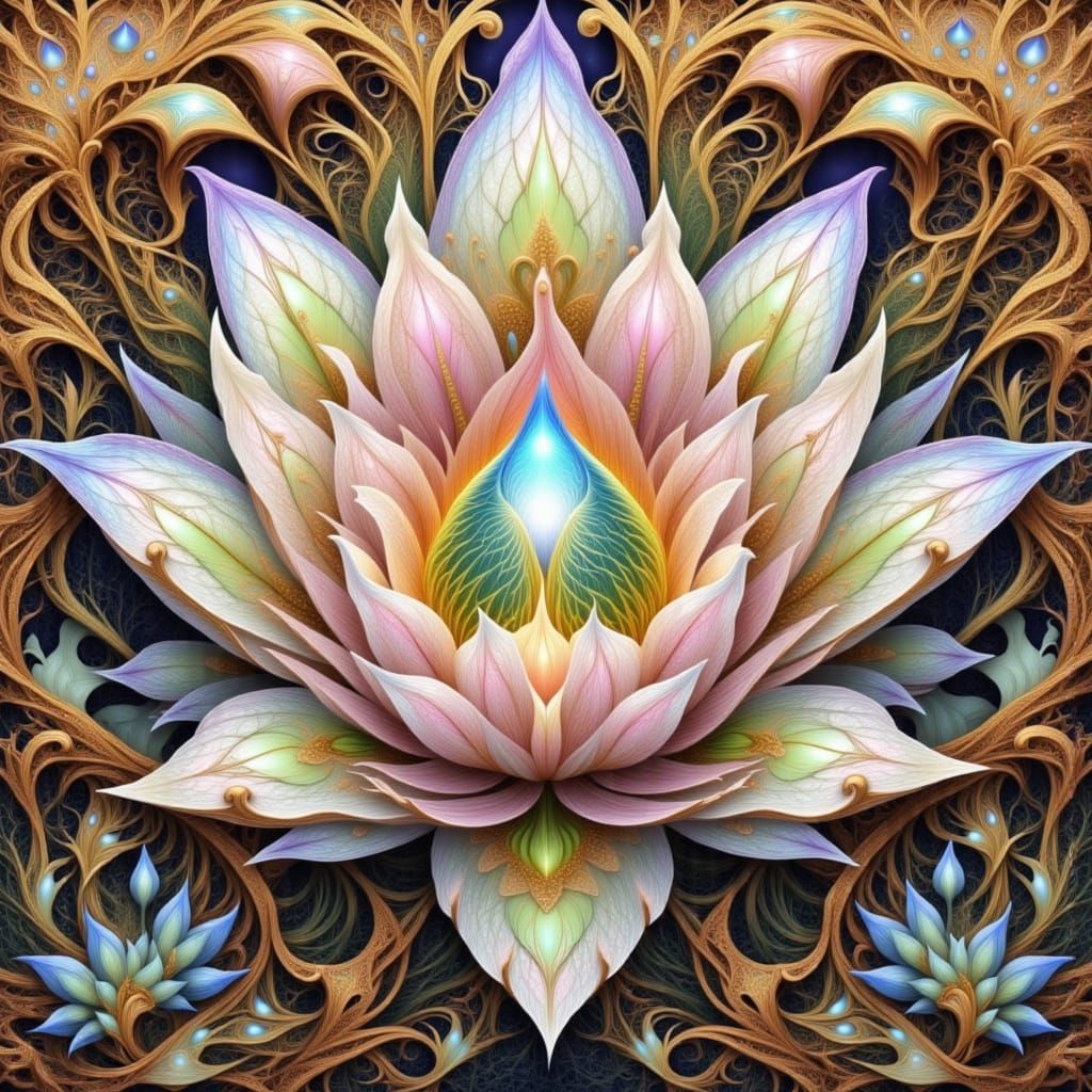 <lora:Golden Rays:1.0> <lora:Tans Pinks Tendrils:1.0> <lora:Flowing Root Lines:1.0> White Lotus with Swan, Rust, Neon Gr...