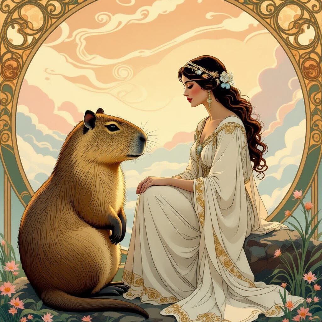 Capybara and Art Nouveau Woman on Venus