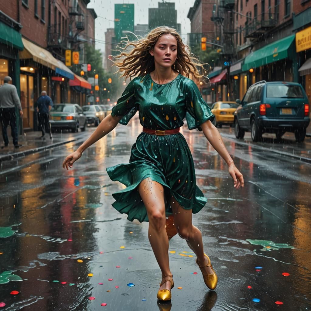 Girl Dancing in Rainy City, Hyper-Realistic Digital Art