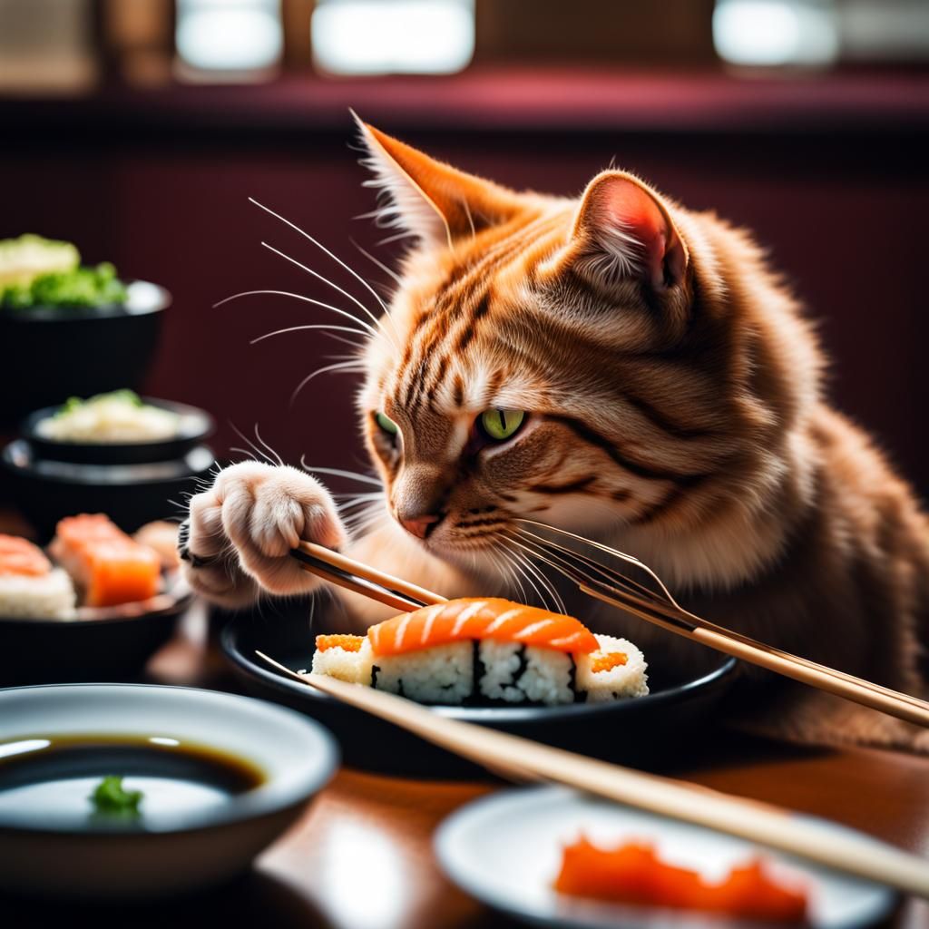 Hyperrealistic Cat Enjoys Sushi Feast