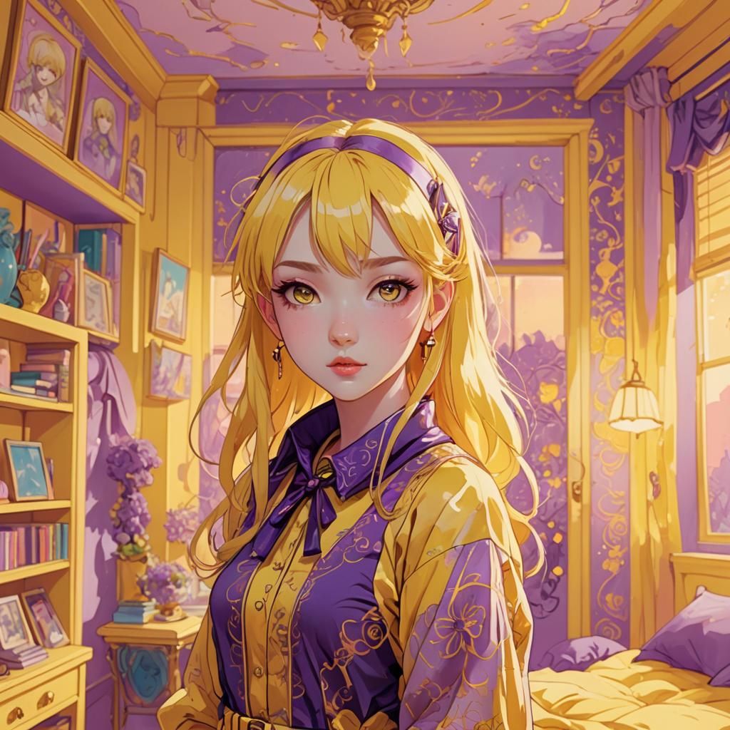 Kawaii Anime Girl in Chic Yellow Bedroom