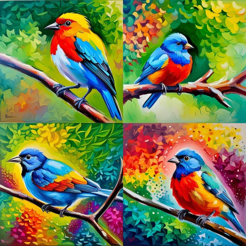 colourful cute bird on a branch neo-impressionism expressionist style oil painting, smooth post-impressionist impasto ac...