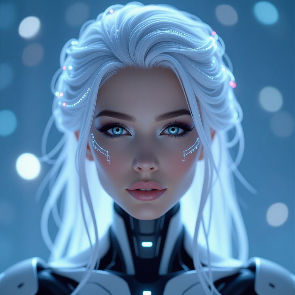 Ethereal Android Portrait with Circuit Hair