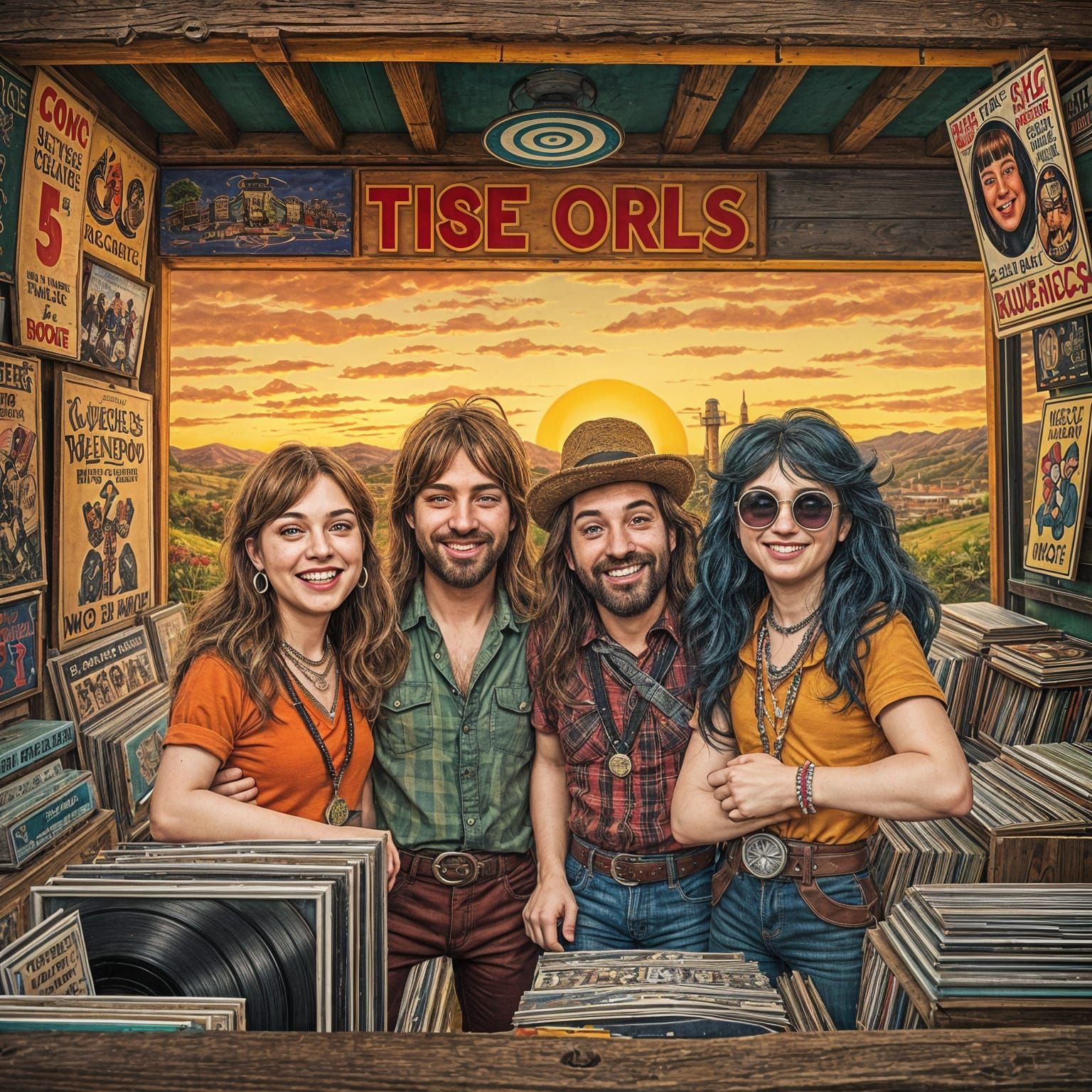 Whimsical Record Store Scene in Lowbrow Art Style