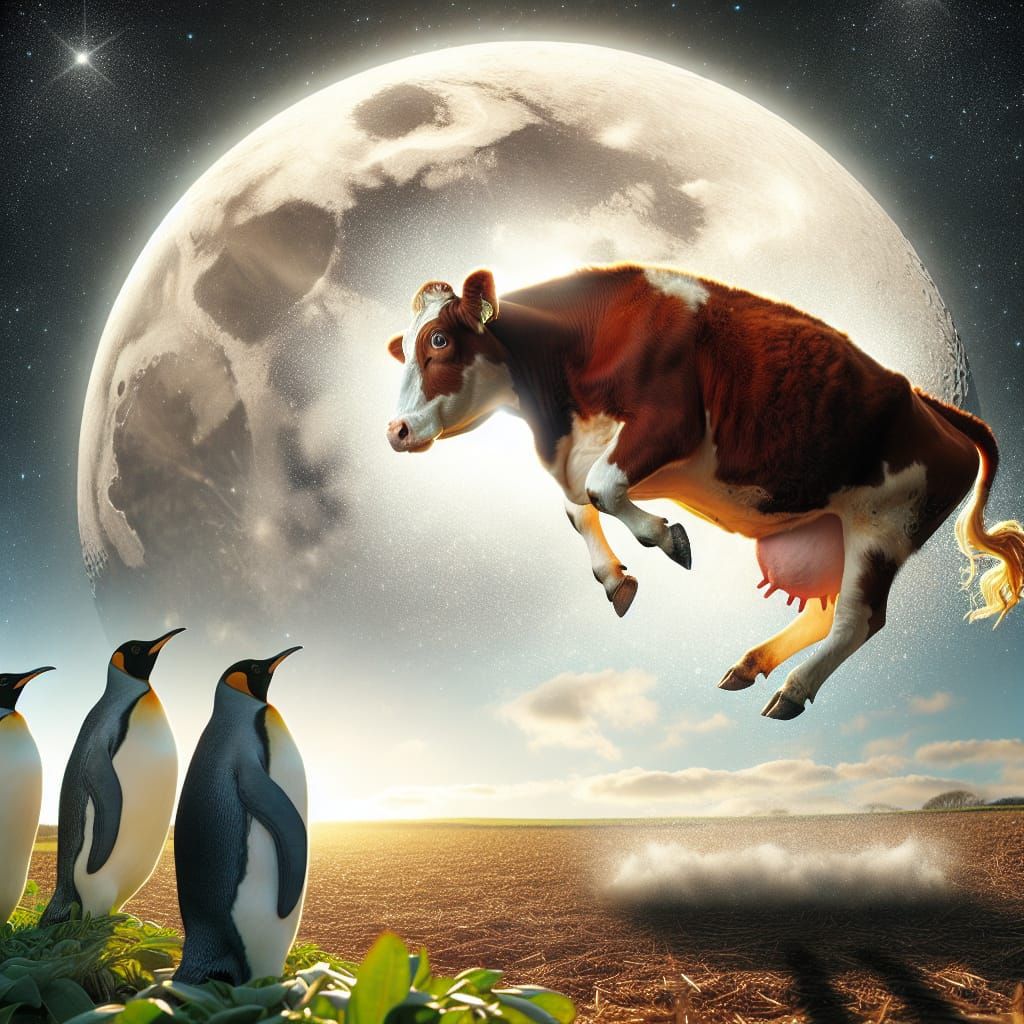 Cow Jumps Over the Moon in Starry Night