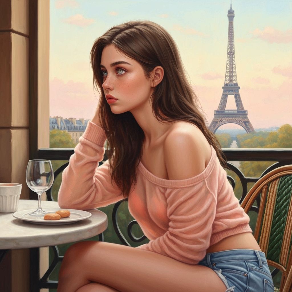Parisian Cafe Portrait: Brunette Beauty in Oil Painting Styl...