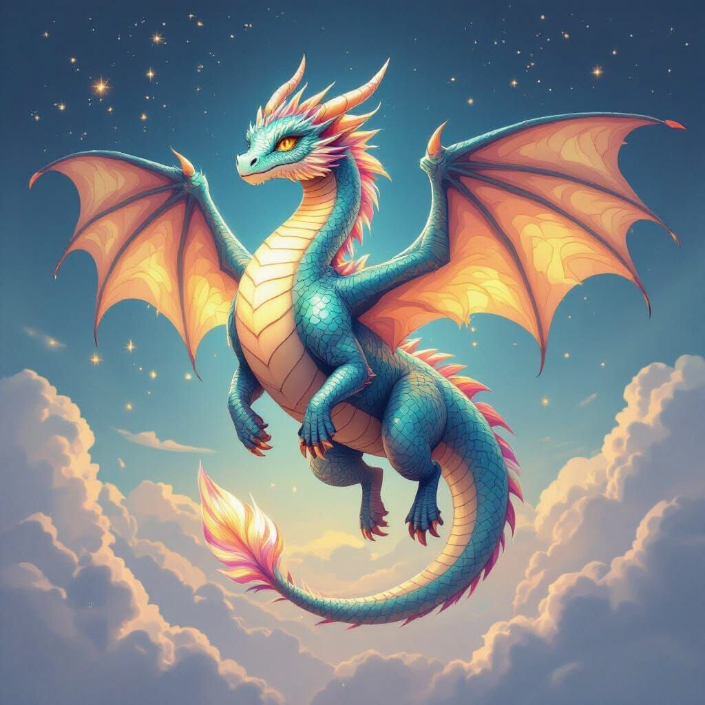 Majestic Pasta Dragon Floating in Clear Sky