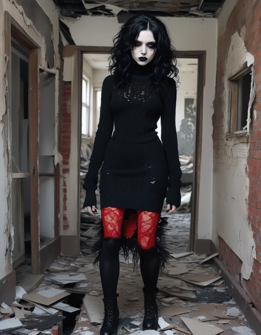 Goth Girl in Abandoned Apartment with Red Makeup