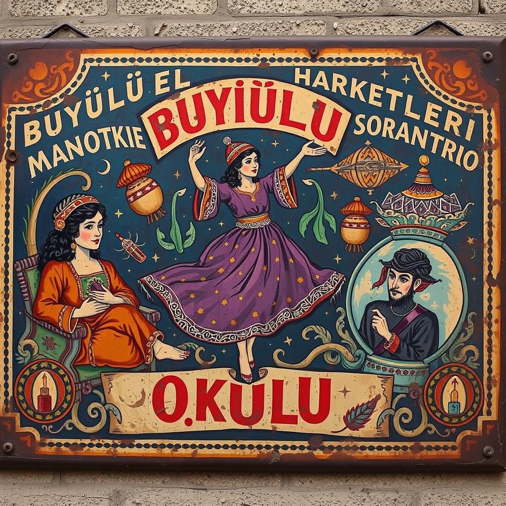 Vintage Turkish Enamel Sign with Dervish and Mystical Motifs