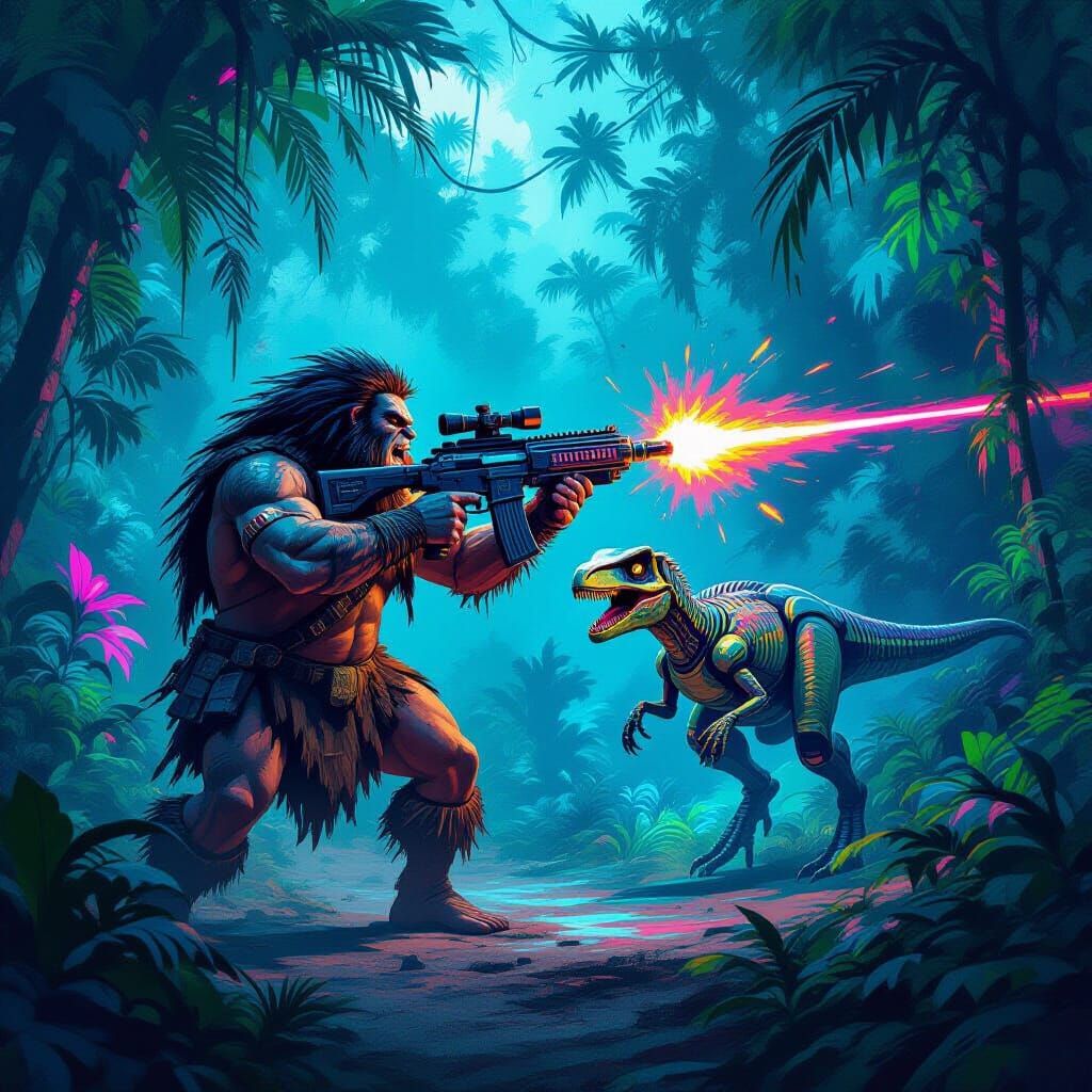 Caveman Fights Robot Raptor in Neon Jungle