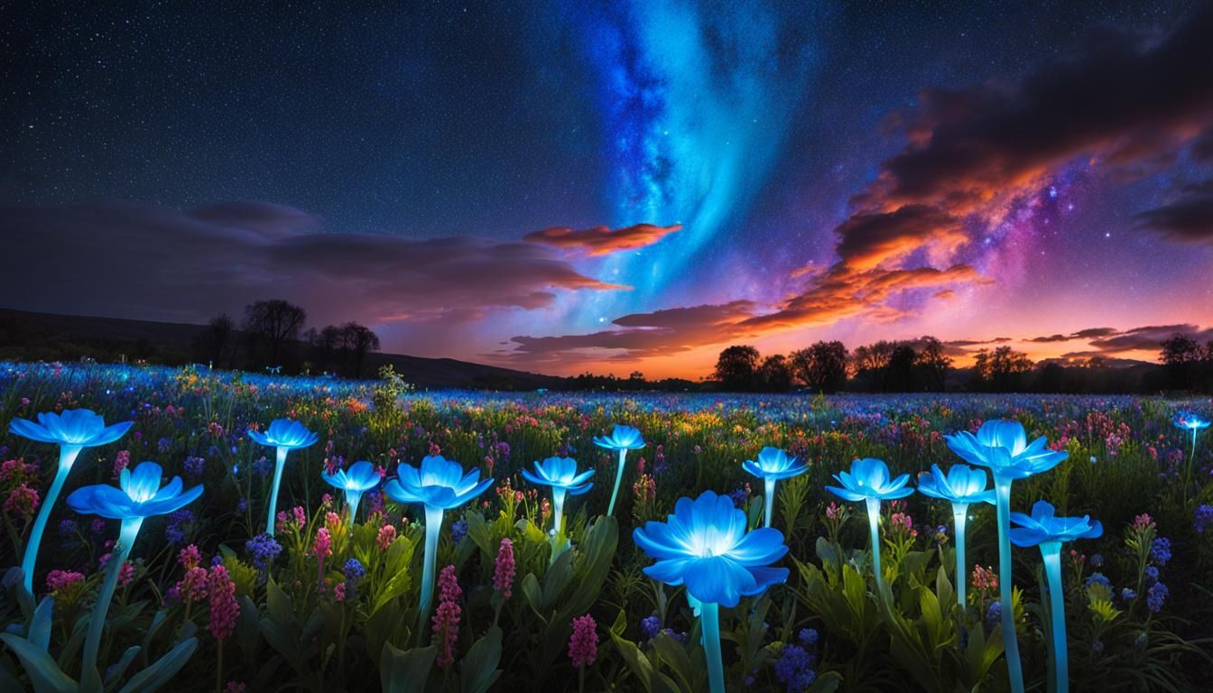 Bioluminescent Candy Sky Over Wildflower Field