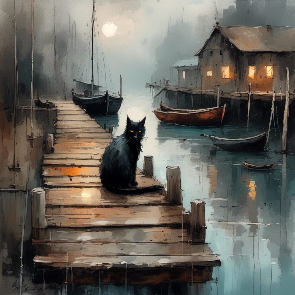 Misty Dockside Village Cat: Gouache Impasto Painting