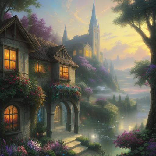 Villa on Oasis: Ethereal Hyperdetailed Fantasy Landscape