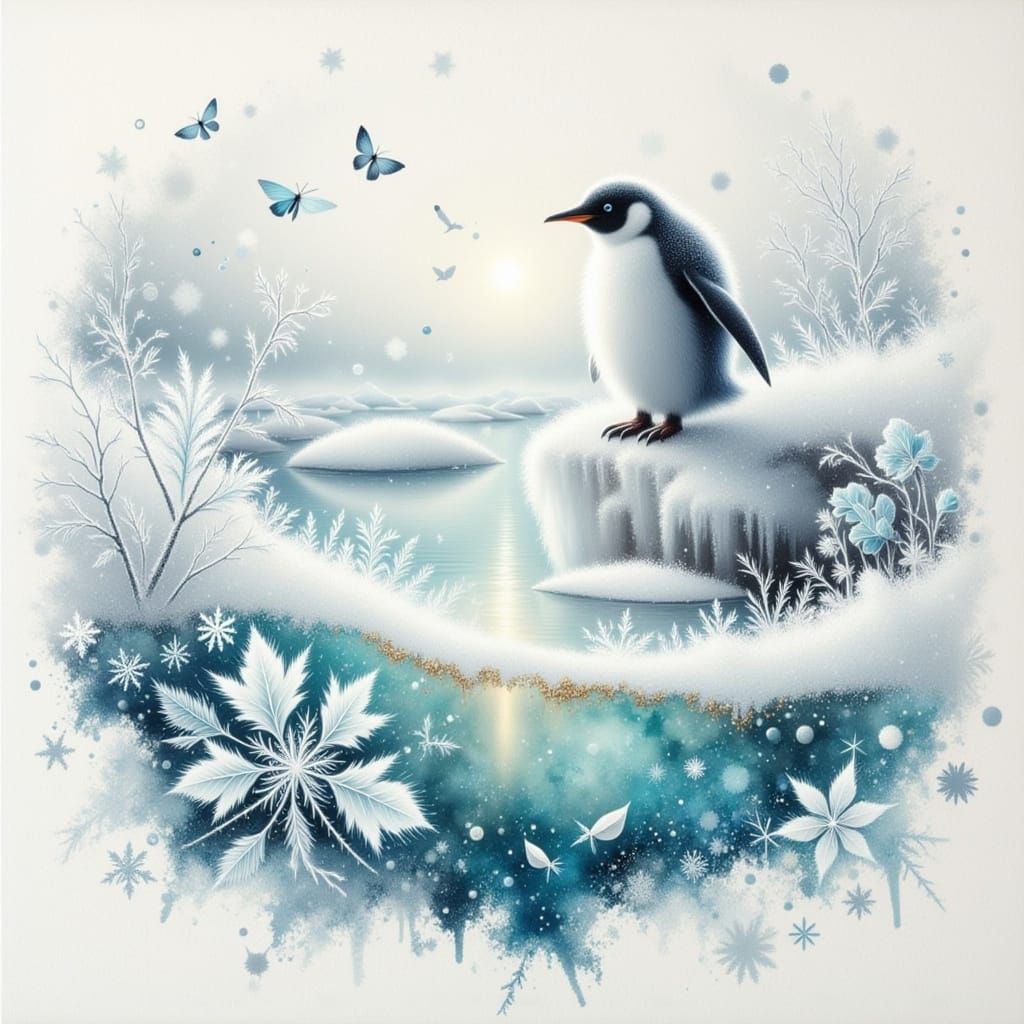 Whimsical Penguin in Antarctica Oil Painting