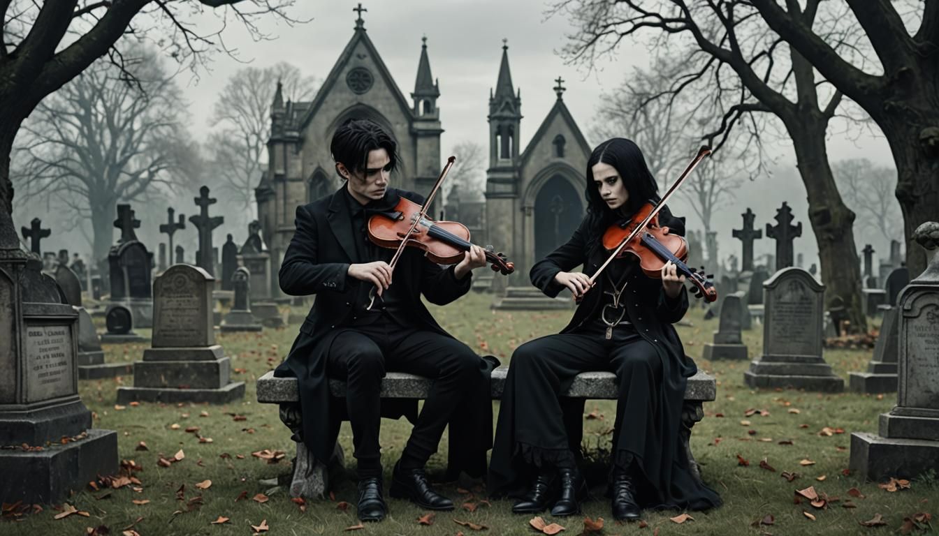 Melancholic Gothic Couple in Graveyard Scene