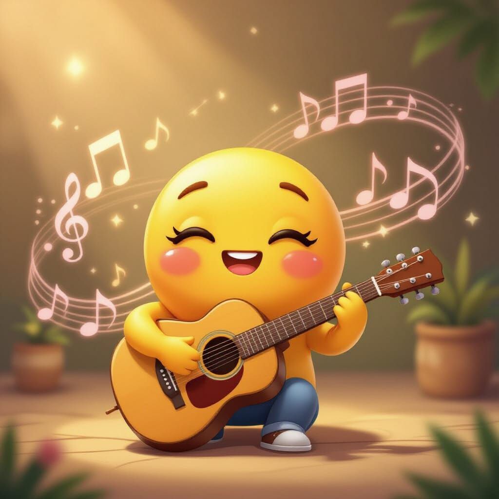 Cozy Emoji Musician with Guitar and Warm Glow