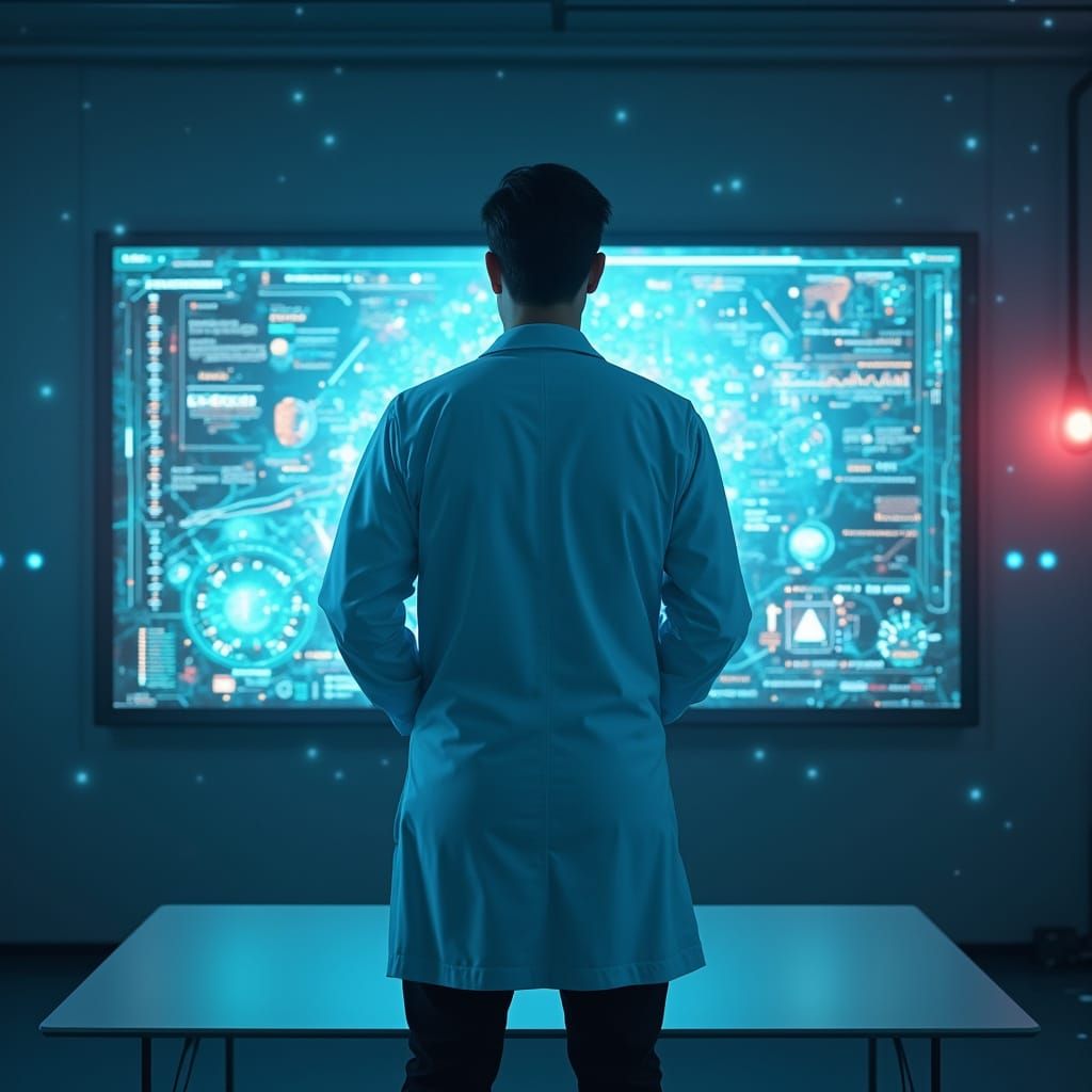 Futuristic Doctor in Cyberpunk Medical Interface
