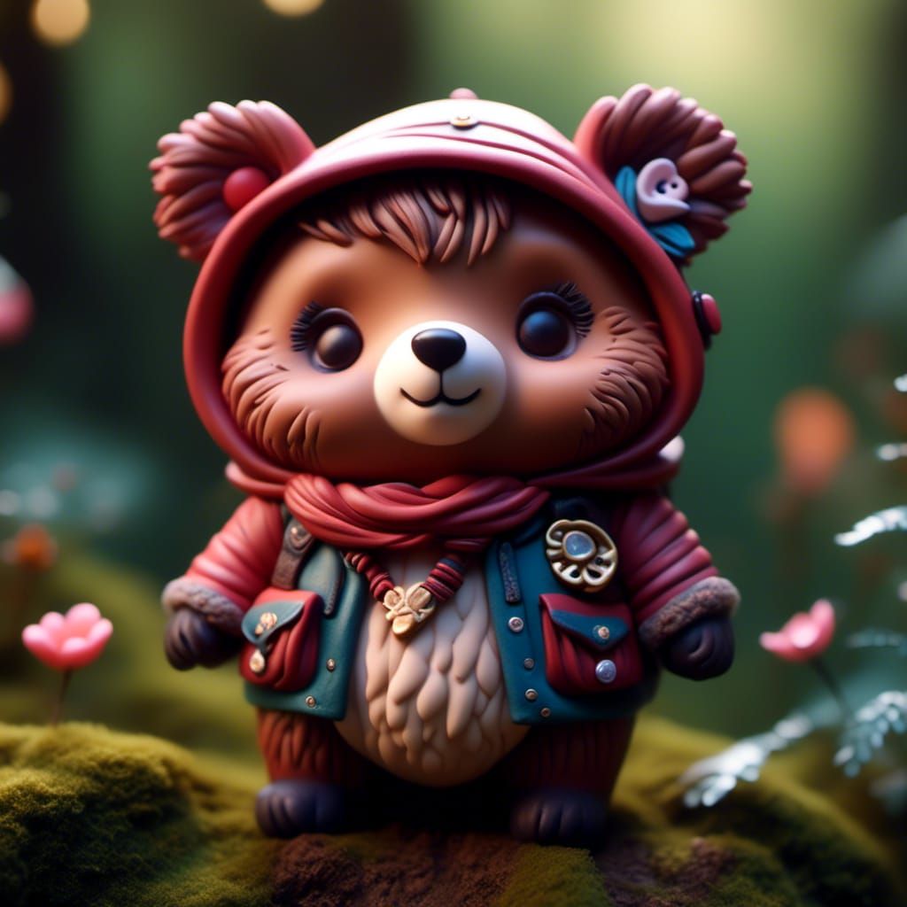 Cute Baby Bear Sculpture in Magical Forest