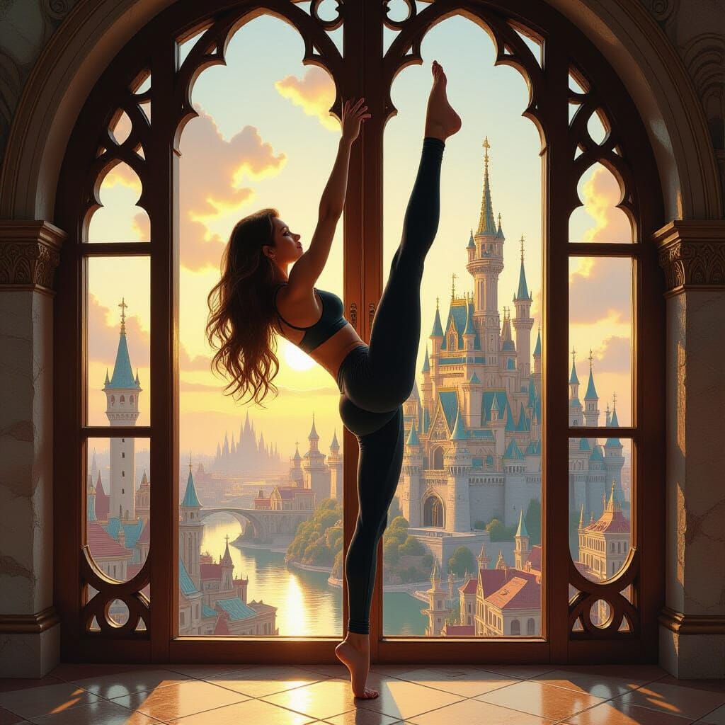 Elf Woman Stretching in Fantasy Cityscape