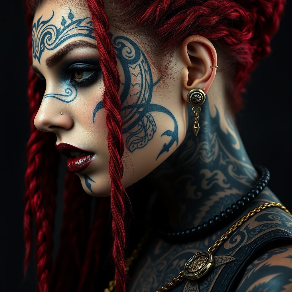 Tribal Tattooed Woman with Red Dreadlocks Portrait