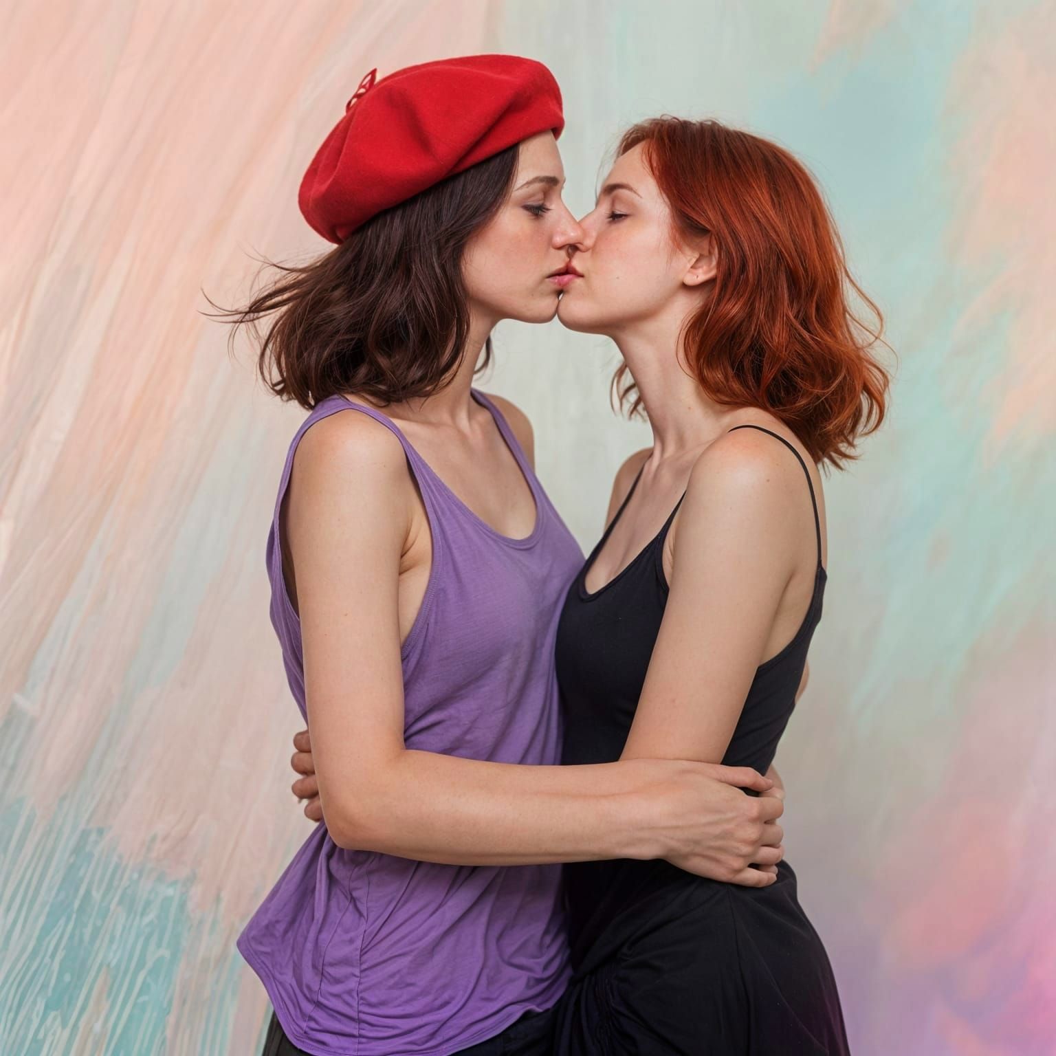 Passionate Kiss Between Two Women in Pastel Studio Portrait