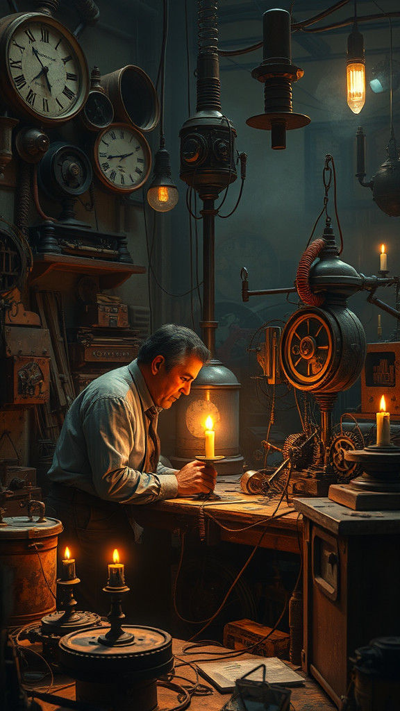 Steampunk Inventor in Dimly Lit Workshop