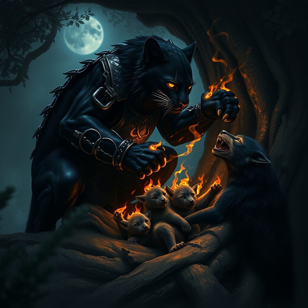 Majestic Female Shadow Panther Defends Her Cubs in Dark Fant...