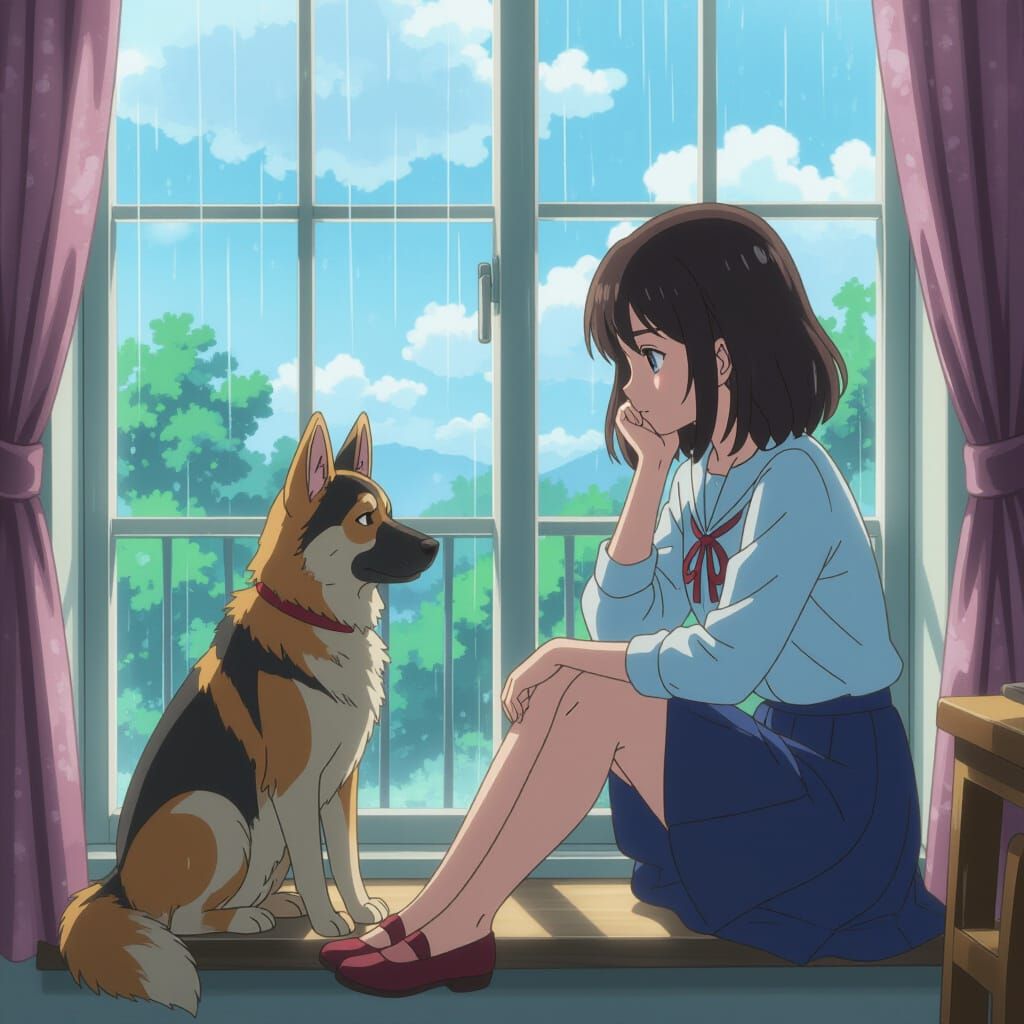 Anime Girl and Dog Daydreaming by Rainy Window
