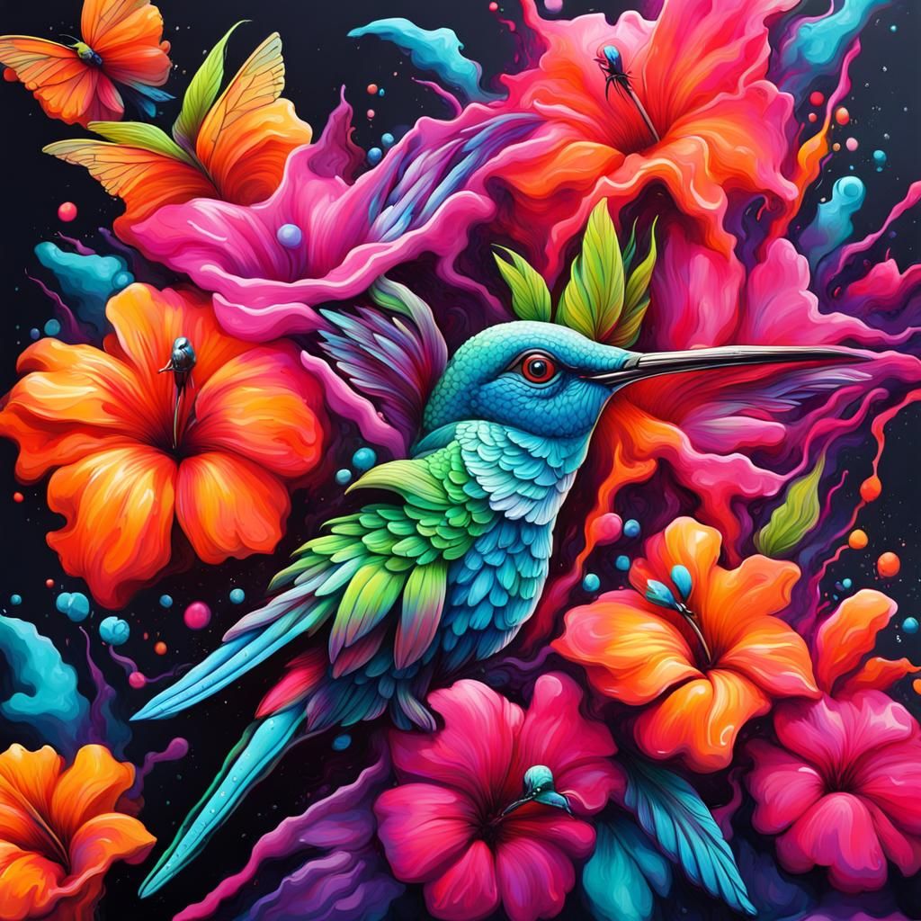 Neon Graffiti Flowers with Hummingbirds and Butterfly