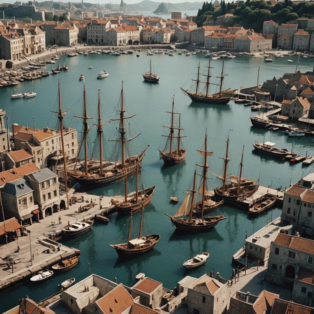 Ancient Harbor with Sail Ships in Kodak Disposable Style