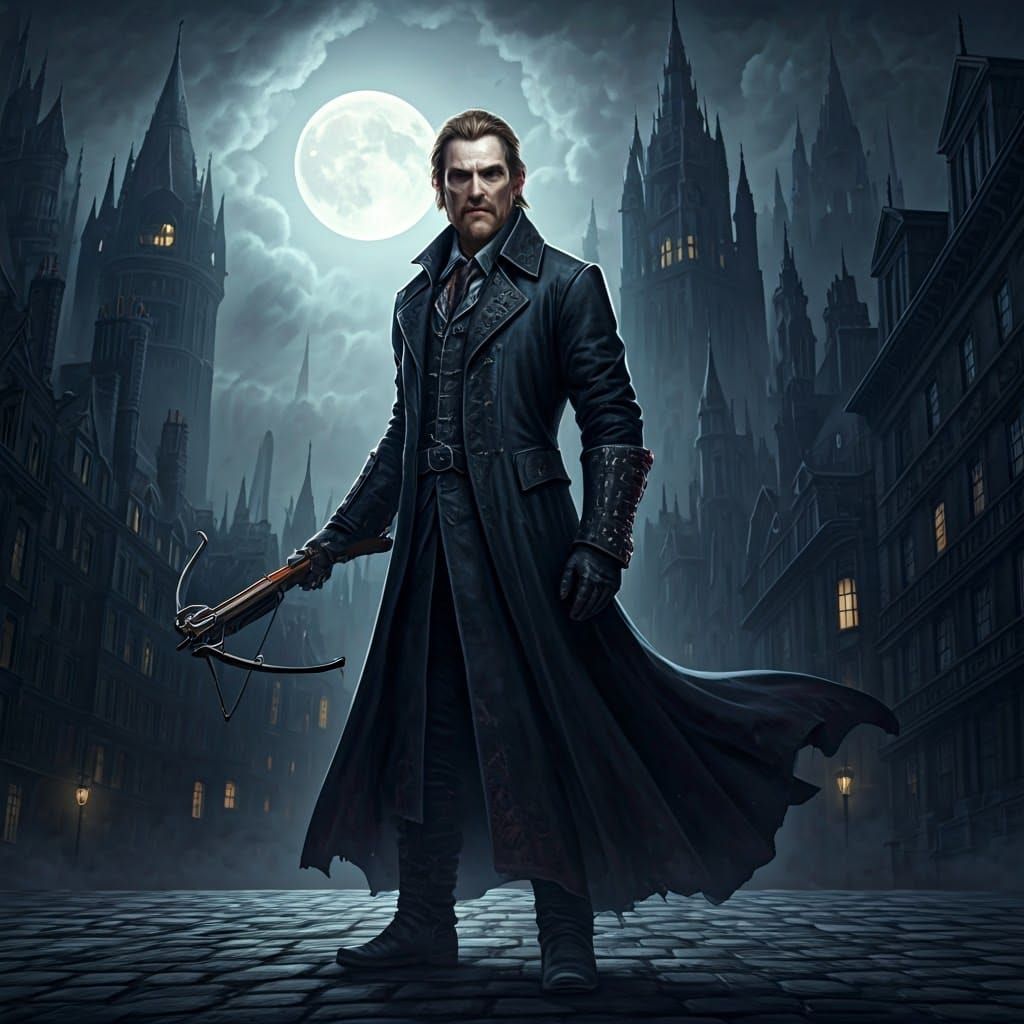 Heroic Van Helsing in Gothic Victorian Cityscape