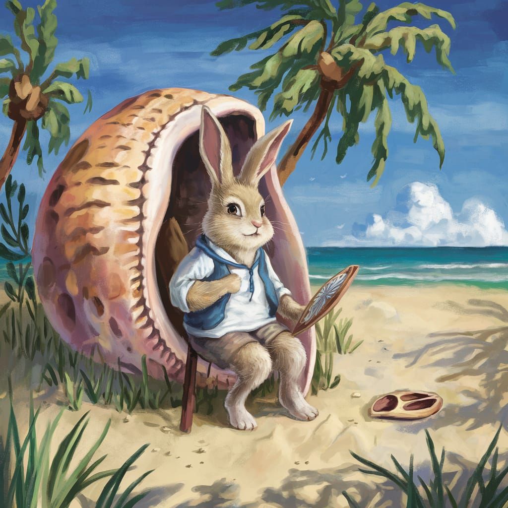 A middle-aged bunny beachcomber sitting outside a house shaped like a giant cowrie shell.