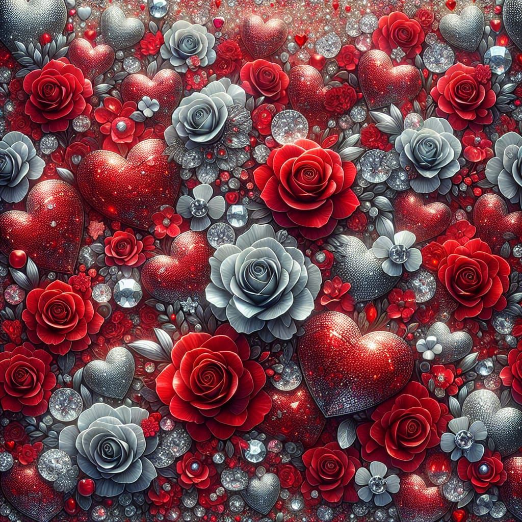 Dazzling Valentine's Garden of Red Roses and Silver Hearts
