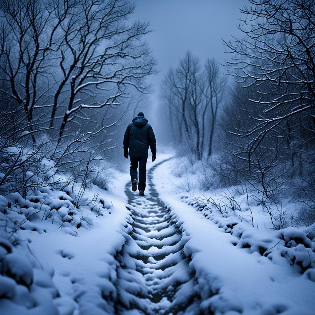 Man Walks in Heavy Snowfall: Cold, Dark Atmosphere