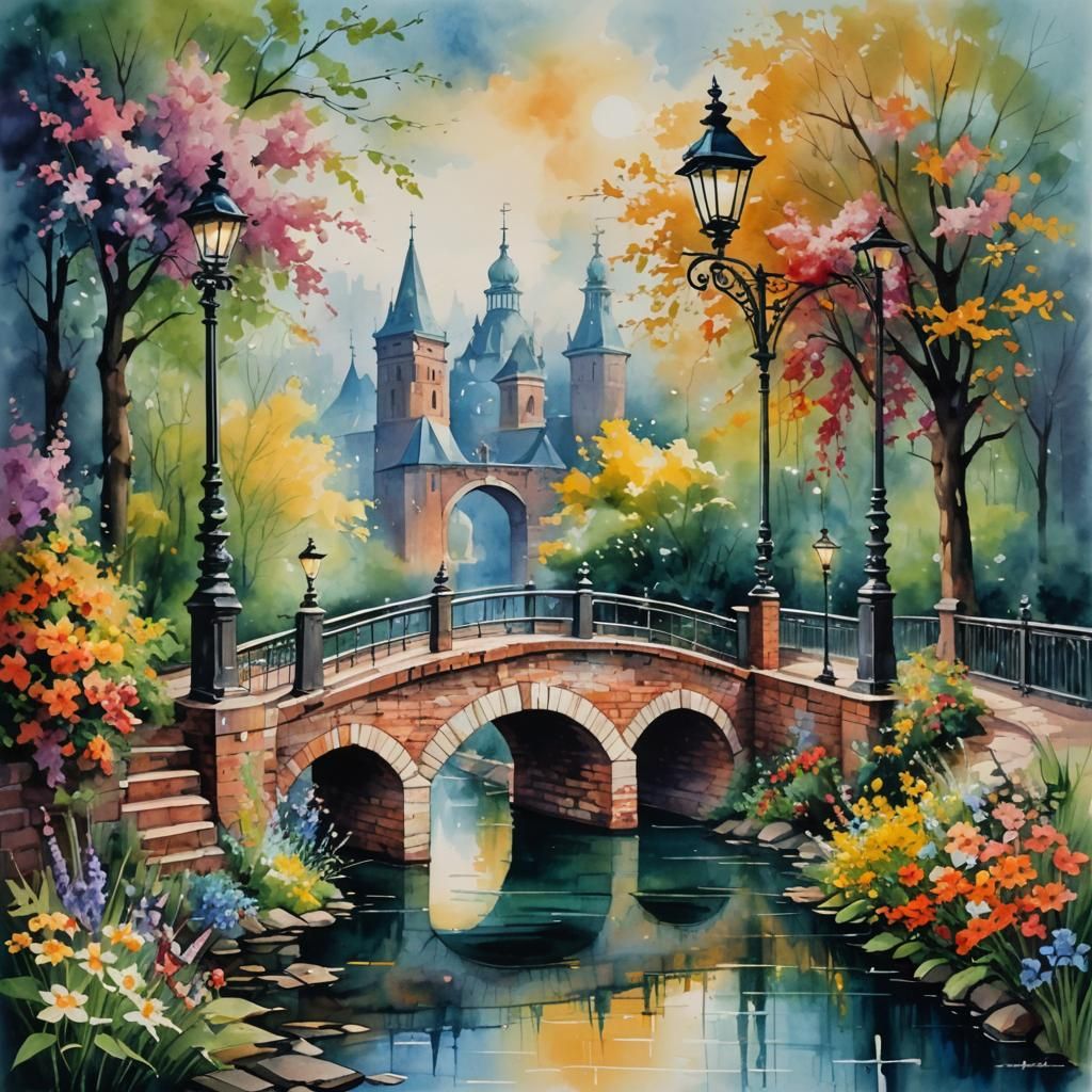 A beautiful,  exquisite,  bridge, with light posts, flowers,...
