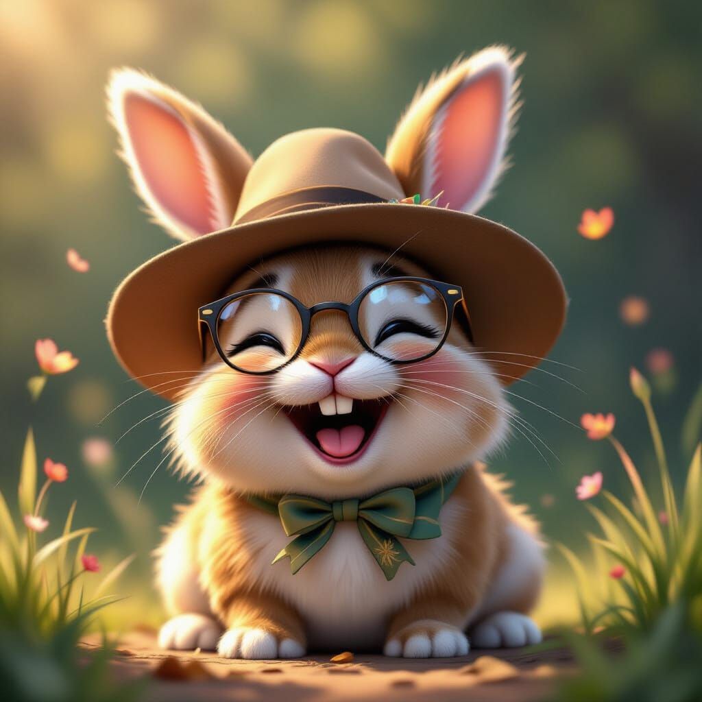 Laughing Bunny in Hat and Glasses, Digital Art
