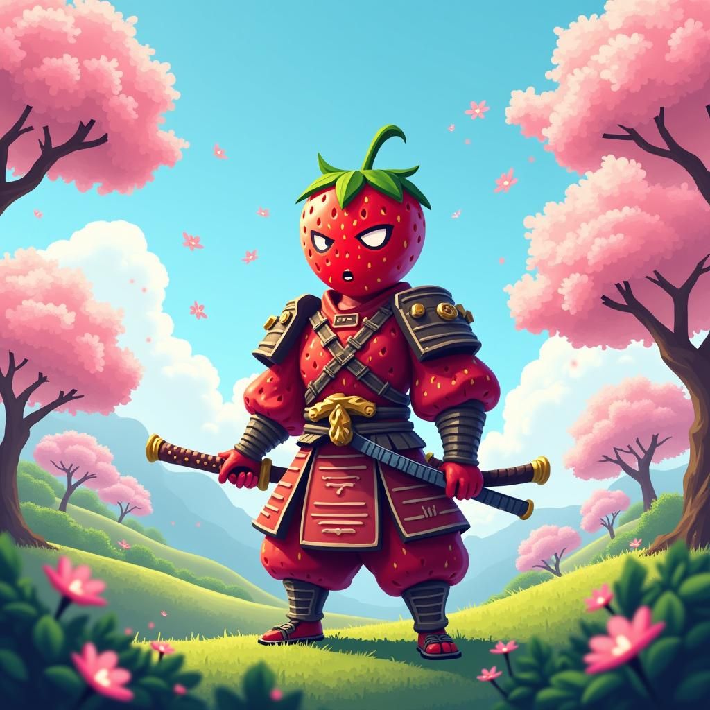 Strawberry Samurai in Fantastical Pixel Art Landscape