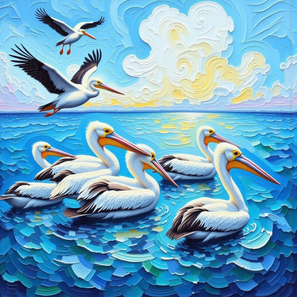 Impasto Painting of Pelicans Soaring Over the Sea