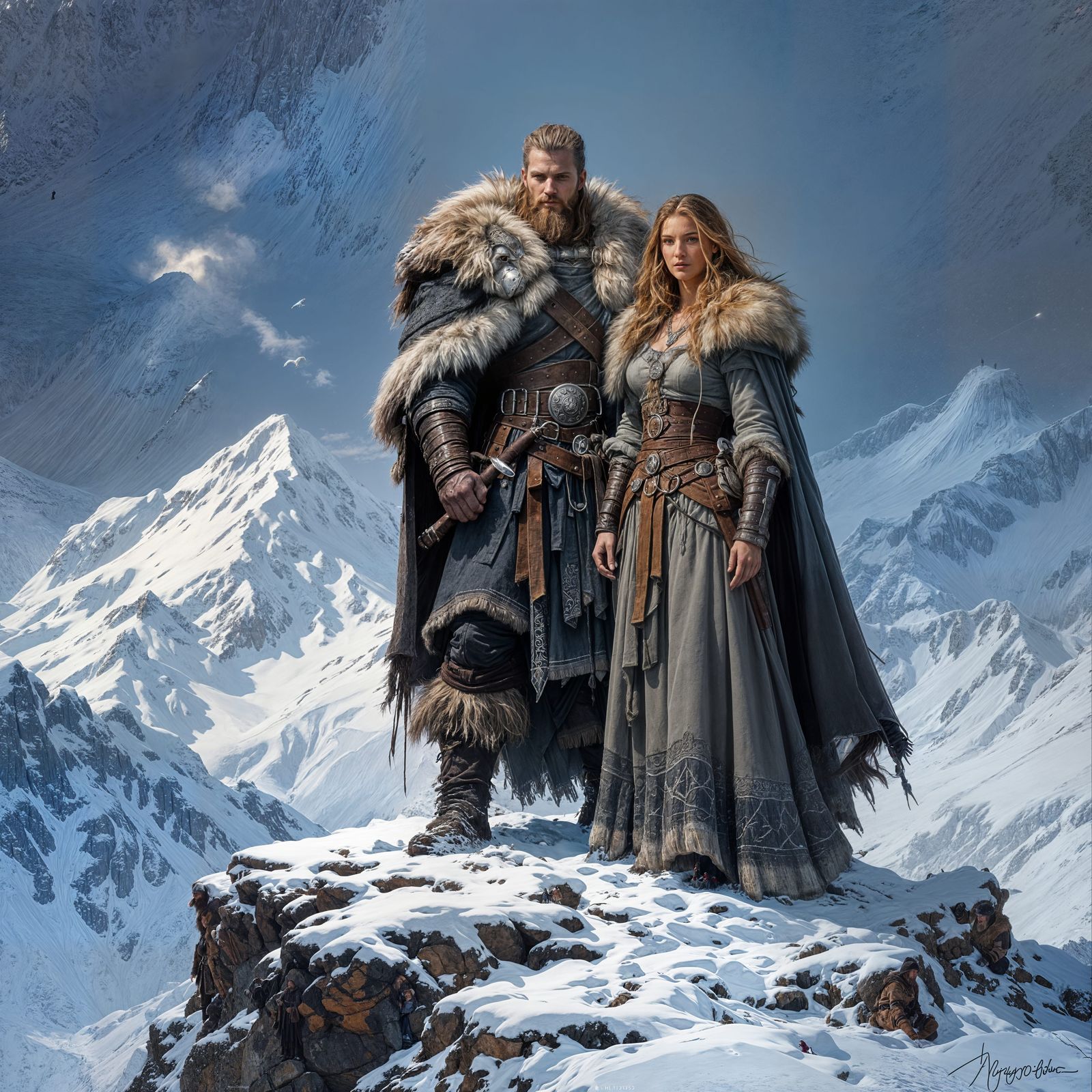 Viking Warrior and Wife on Snowy Peak