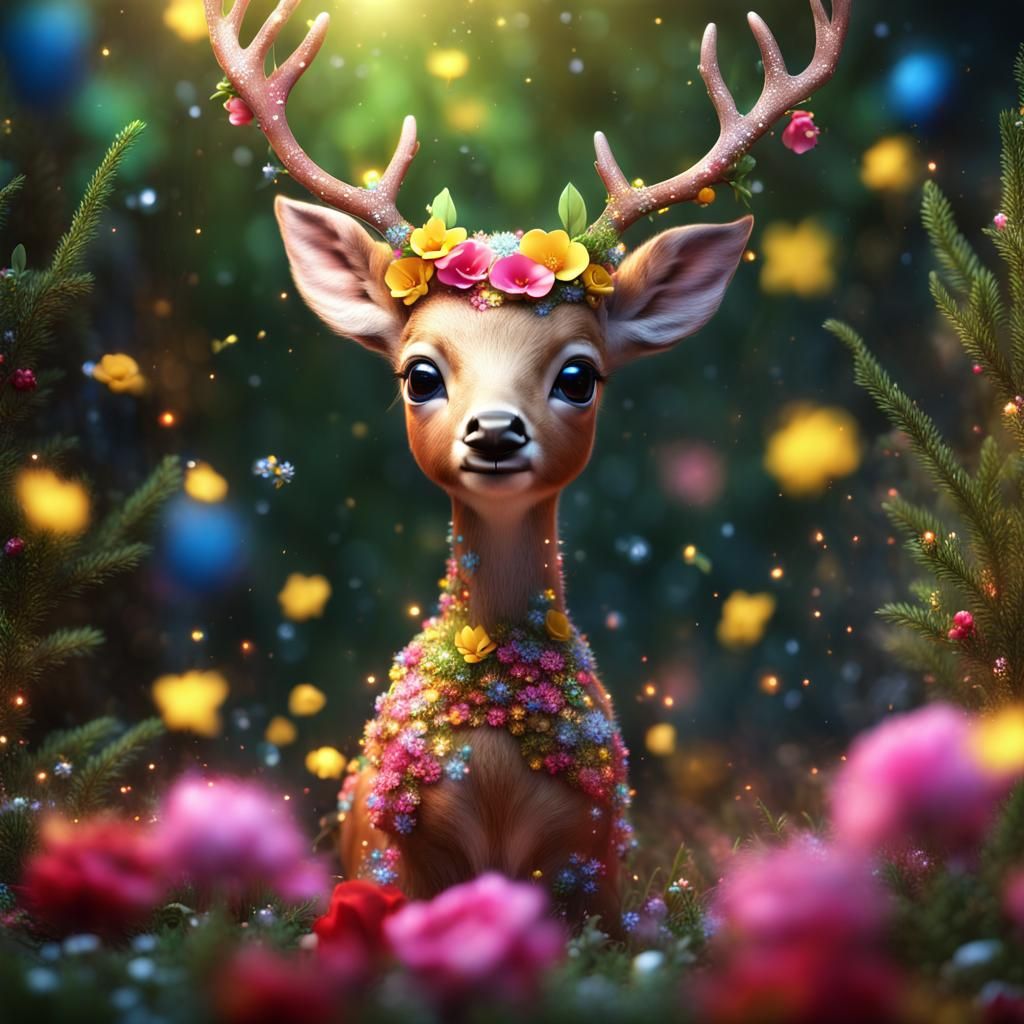 Christmas Baby Deer with Colorful Flowers