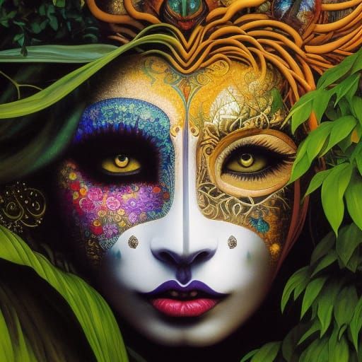 Lion Woman in Jungle, Hyperrealistic Oil Painting