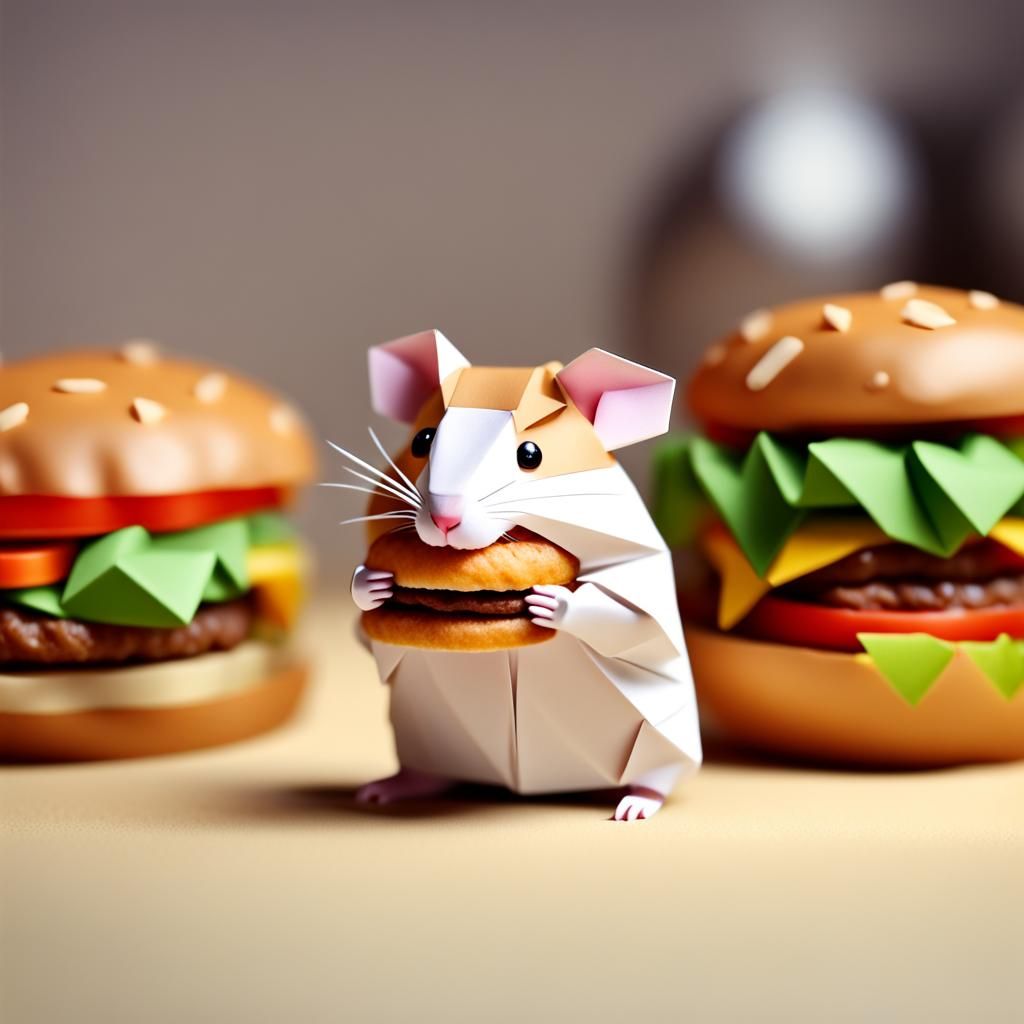 Hamster Eating a Burger in Origami Style