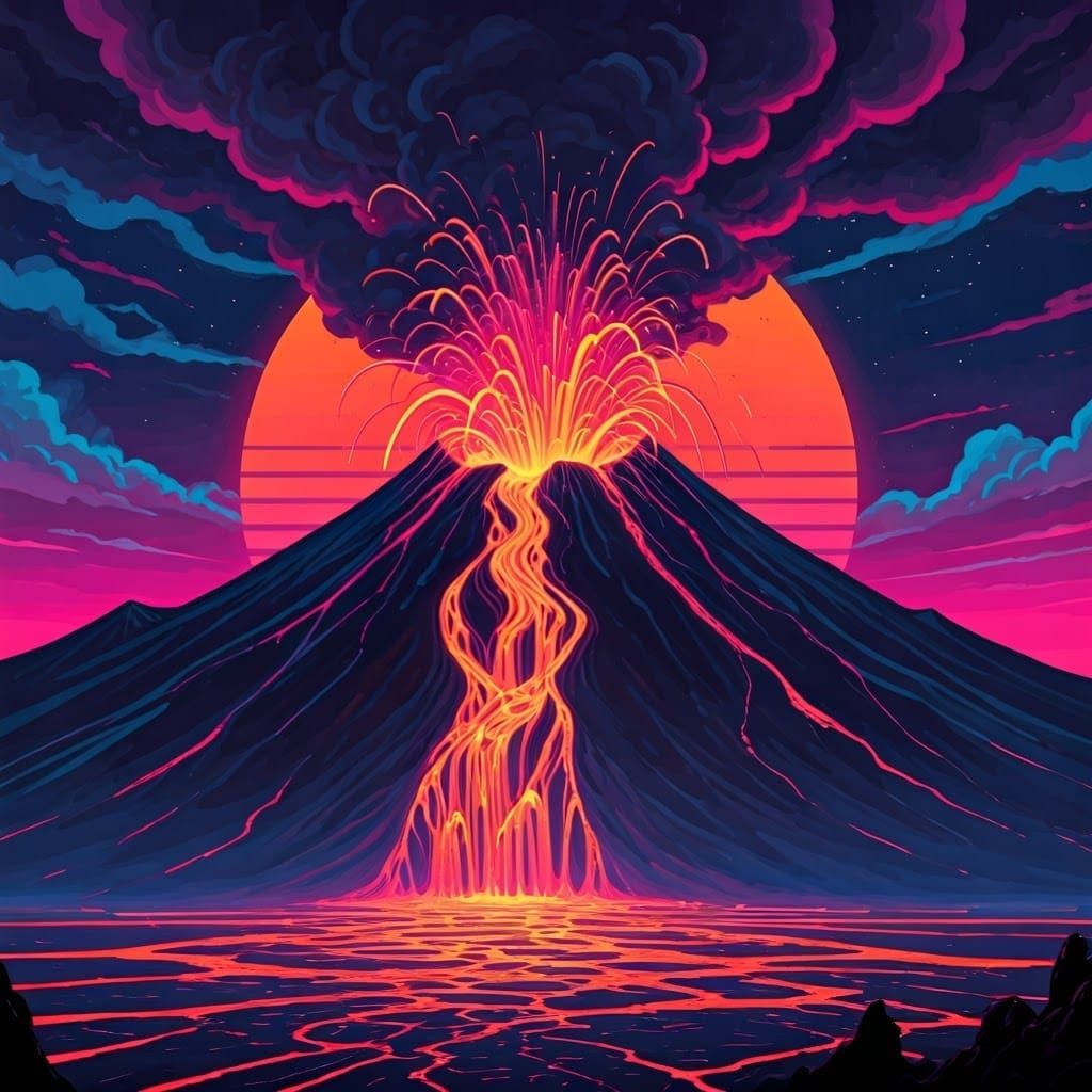 Volcano Eruption with Neon Lava: Digital Illustration