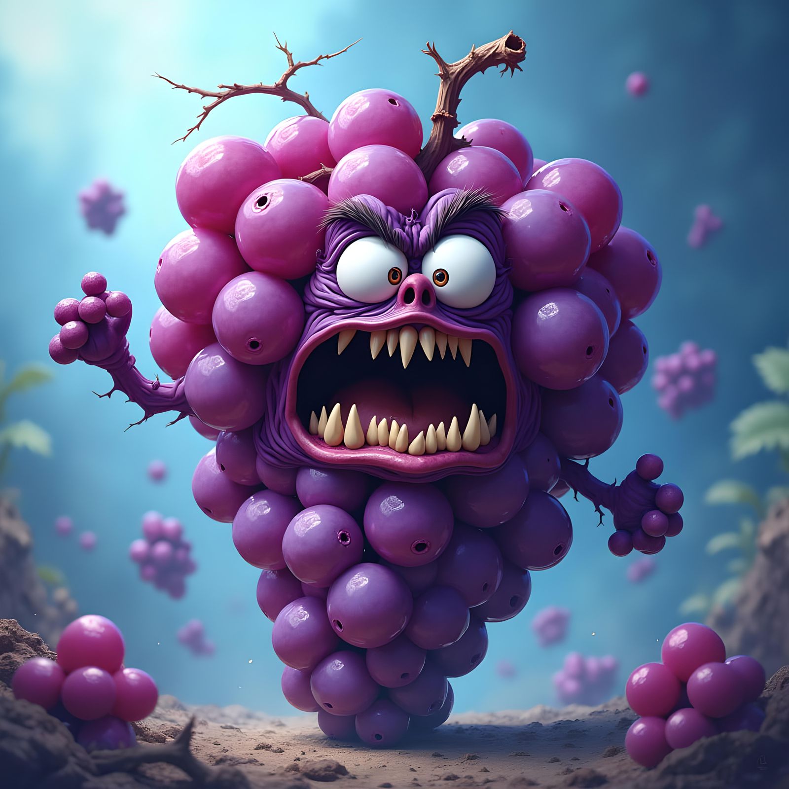 Angry Cartoon Grapes in CGI Style