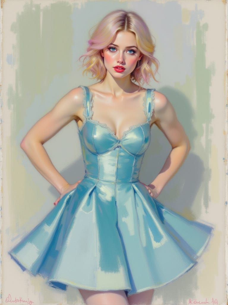 Blond Pin-Up Woman in Metallic Cyan Dress