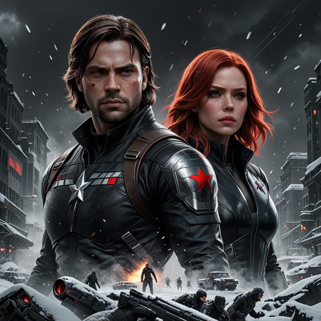 Winter Soldier and Black Widow Portrait in Art Nouveau Style