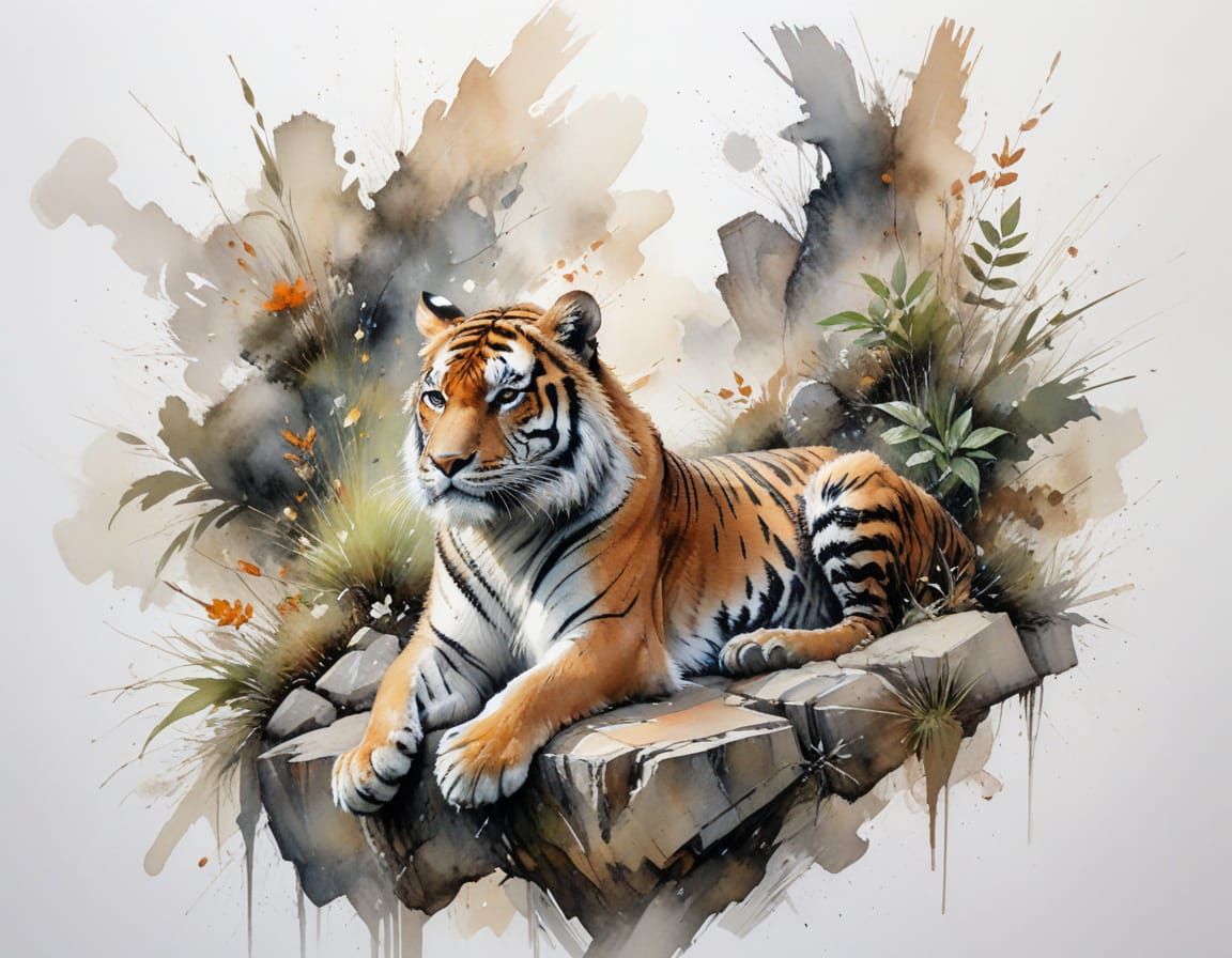 Majestic Tiger on Rocky Ledge Realistic Watercolor Illustrat...