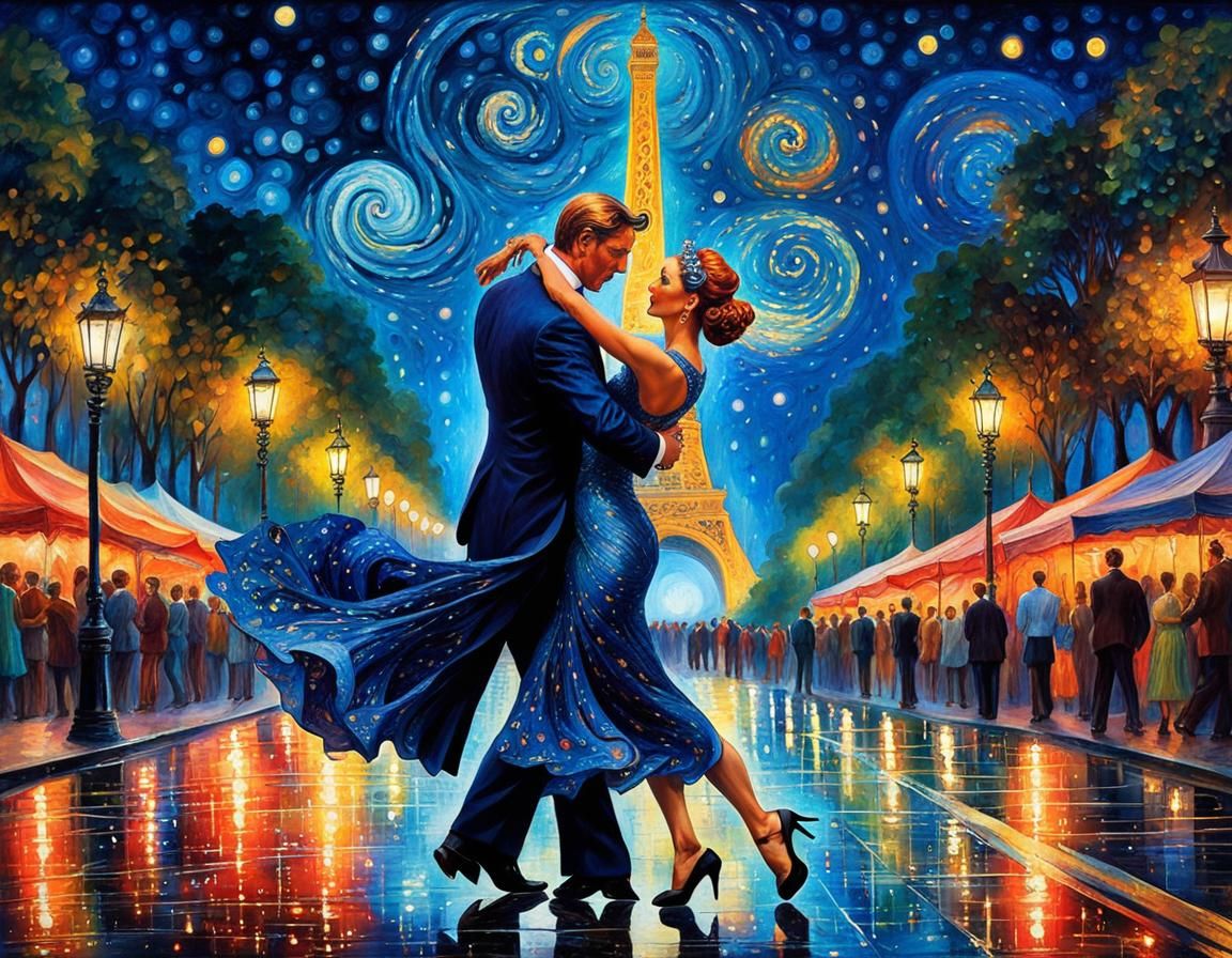 Argentine Tango Dancers in Psychedelic Rainy Night